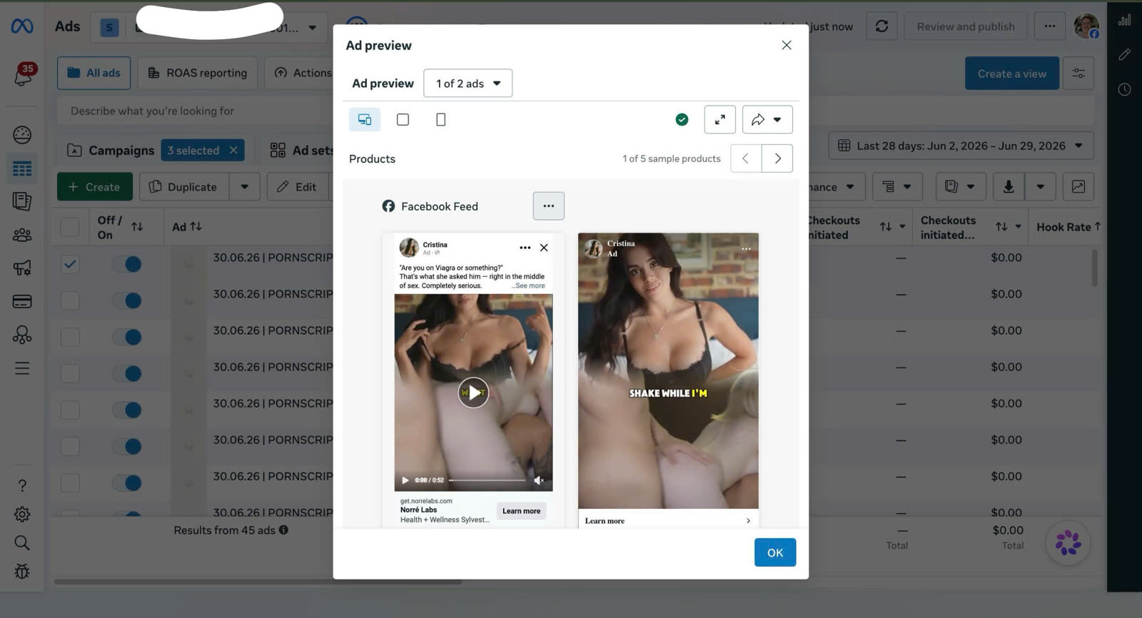 Meta Ads Manager with unblurred ad previews for a Norré Labs launch